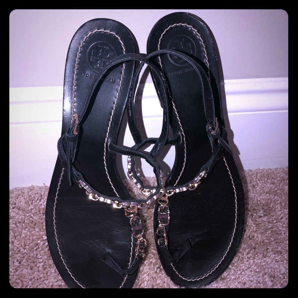 Tory Burch Black & Silver Gemini Leather Sandal